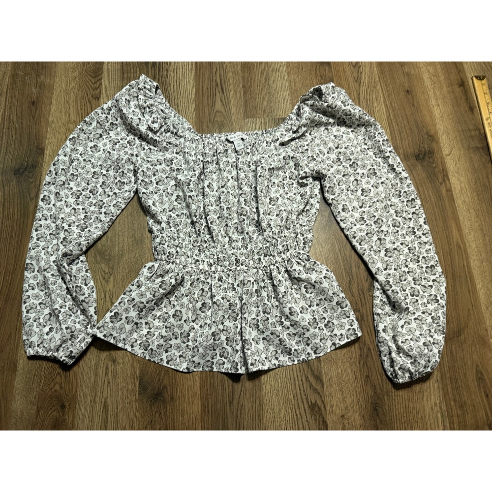 Nine West Blouse Women Size XS White Floral Peplum Smocked Waist Long Sleeve